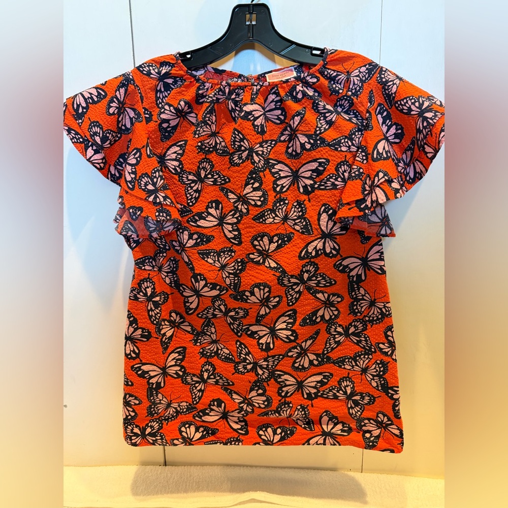Kate Spade Butterfly Print Ruffle Sleeve Top - Bright Orange & Pink
